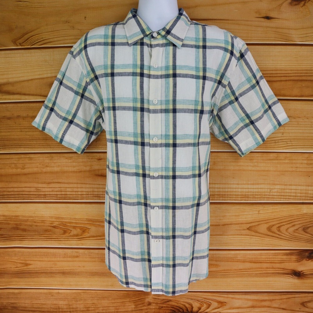 Club Room Button Up‎ Shirt Mens XL White Multicolor Plaid LINEN Bl. Short Sleeve